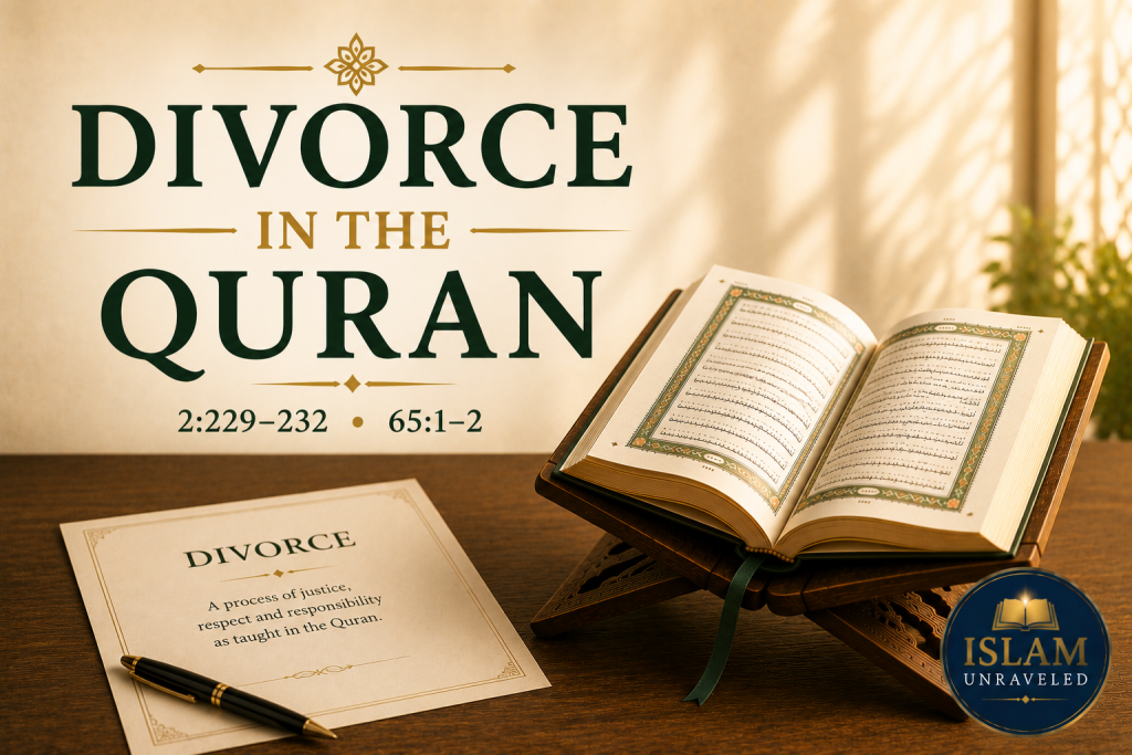 A symbolic illustration of an open Quran on a wooden stand beside a simple marriage covenant document, illuminated by warm natural light, representing the Quran's guidance on divorce with justice, dignity, and responsibility.