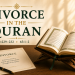 A symbolic illustration of an open Quran on a wooden stand beside a simple marriage covenant document, illuminated by warm natural light, representing the Quran's guidance on divorce with justice, dignity, and responsibility.