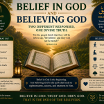 An open Quran between two panels comparing belief in God's existence with believing and trusting God's words, illustrating the difference between acknowledging God and responding faithfully to His revelation.