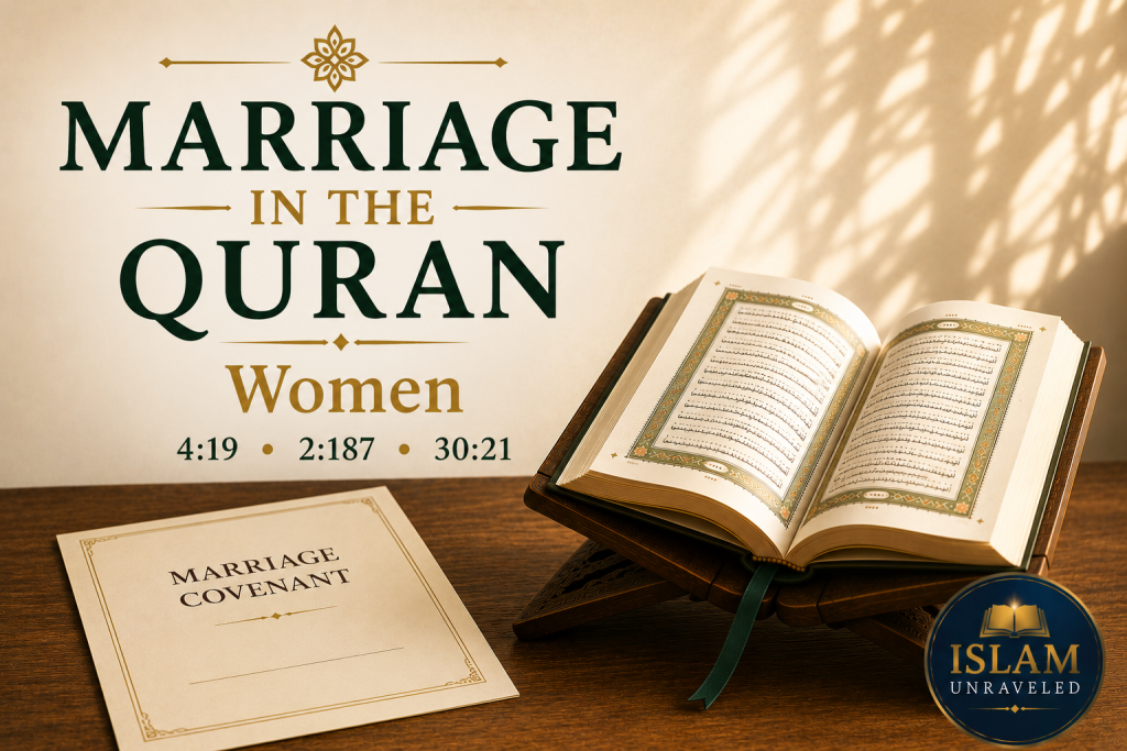 A symbolic illustration of an open Quran on a wooden stand beside a simple marriage covenant document, illuminated by warm natural light, representing the Quran's teachings on the rights, dignity, and responsibilities of women in marriage.