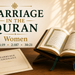 A symbolic illustration of an open Quran on a wooden stand beside a simple marriage covenant document, illuminated by warm natural light, representing the Quran's teachings on the rights, dignity, and responsibilities of women in marriage.