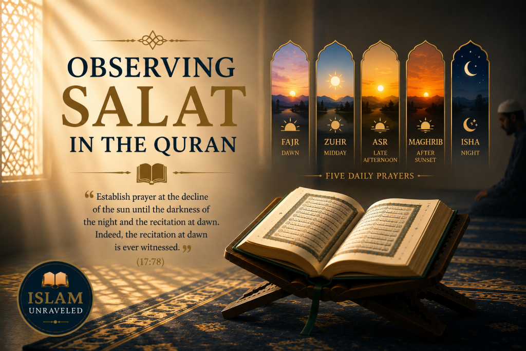 A minimalist illustration of an open Quran on a wooden stand with five symbolic panels representing the daily time frames of Salat, illuminated by warm rays of natural light, symbolizing the observance of prayer according to the Quran.