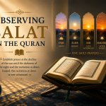 A minimalist illustration of an open Quran on a wooden stand with five symbolic panels representing the daily time frames of Salat, illuminated by warm rays of natural light, symbolizing the observance of prayer according to the Quran.
