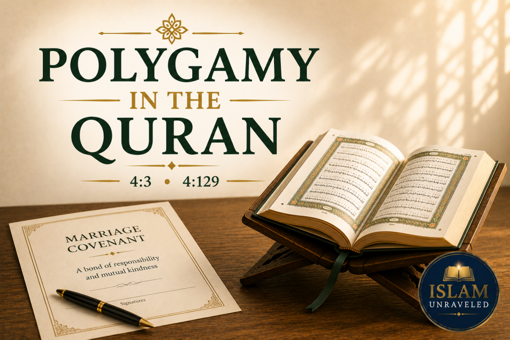 A symbolic illustration of an open Quran on a wooden stand beside a balanced set of scales, illuminated by warm natural light, representing the Quran's emphasis on justice and fairness in the discussion of polygamy.