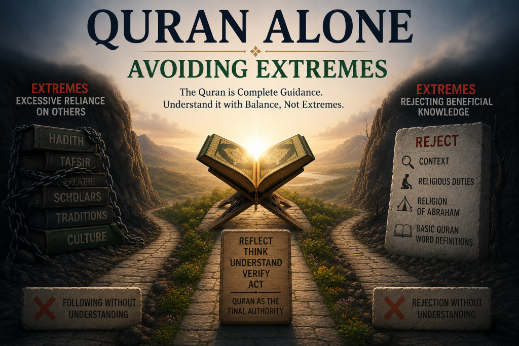 An open Quran illuminated at the center between two opposing extremes, illustrating the balanced Quranic approach that avoids both blind reliance on human authority and the rejection of beneficial knowledge.