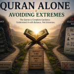 An open Quran illuminated at the center between two opposing extremes, illustrating the balanced Quranic approach that avoids both blind reliance on human authority and the rejection of beneficial knowledge.