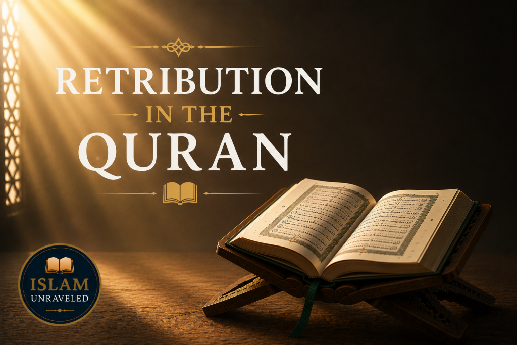 A minimalist illustration showing an open Quran on a wooden stand illuminated by a single beam of light against a dark background, symbolizing the Quran's teachings on divine retribution, justice, and accountability.