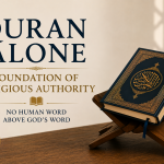 A minimalist illustration featuring an open Quran on a wooden stand beneath the title "Quran Alone: Foundation of Religious Authority," emphasizing God's revelation as the sole authority in matters of religion.