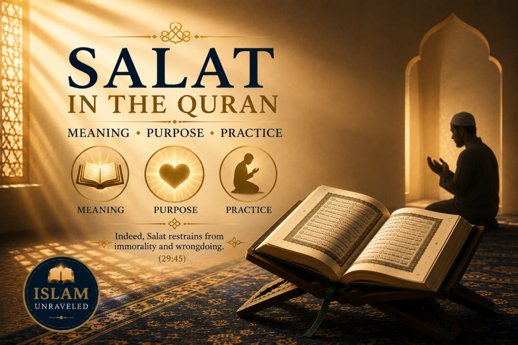 A minimalist illustration of an open Quran on a wooden stand illuminated by warm rays of light, accompanied by symbolic icons representing the meaning, purpose, and practice of Salat, with a worshiper in prayer in the background.