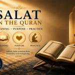 A minimalist illustration of an open Quran on a wooden stand illuminated by warm rays of light, accompanied by symbolic icons representing the meaning, purpose, and practice of Salat, with a worshiper in prayer in the background.