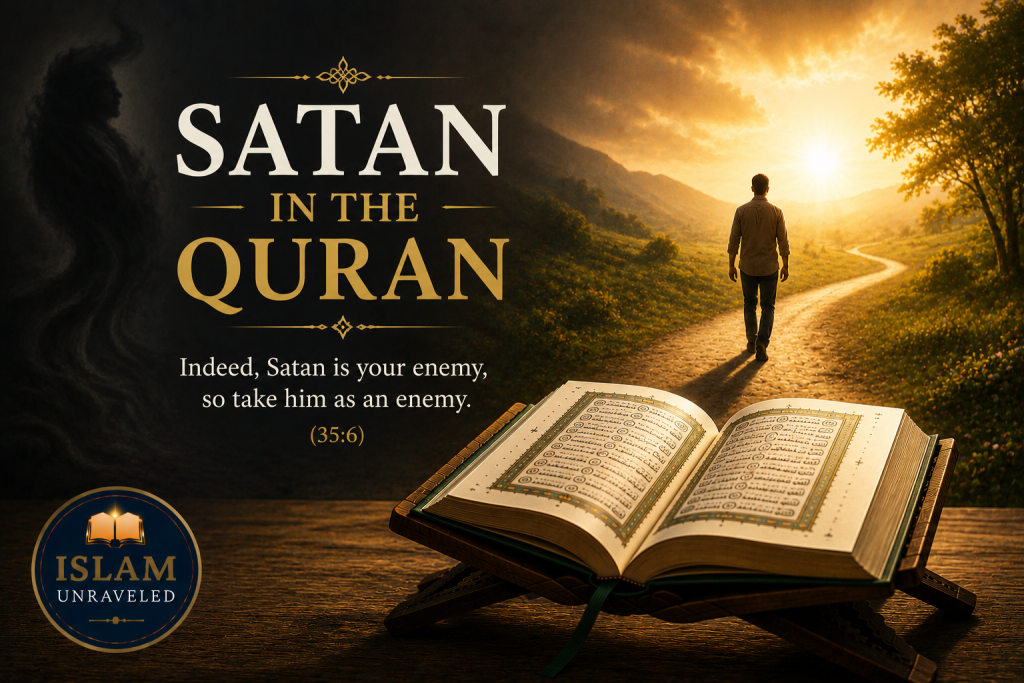 A symbolic illustration showing an open Quran on a wooden stand, a lone traveler walking toward the light, and a dark shadow representing Satan kept at a distance, illustrating the Quran's teaching that Satan whispers and deceives but possesses no authority over believers who trust in God.