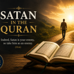A symbolic illustration showing an open Quran on a wooden stand, a lone traveler walking toward the light, and a dark shadow representing Satan kept at a distance, illustrating the Quran's teaching that Satan whispers and deceives but possesses no authority over believers who trust in God.