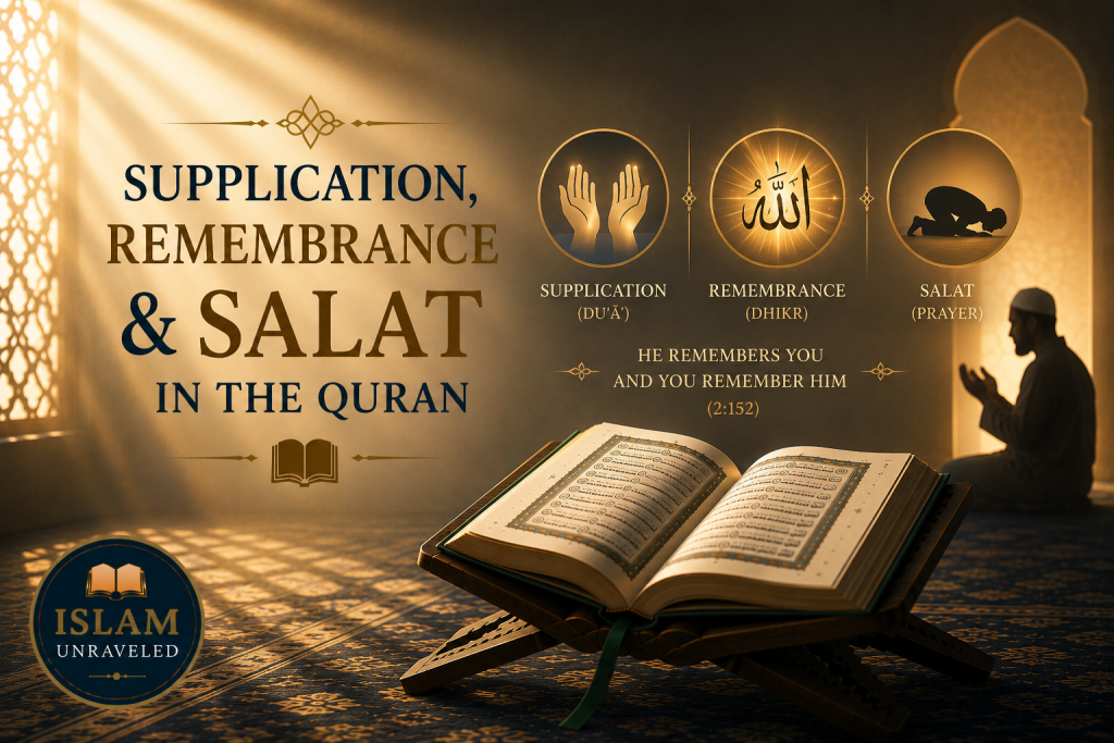 A minimalist illustration of an open Quran on a wooden stand illuminated by warm rays of light, with symbolic icons representing supplication, remembrance, and Salat beside a worshiper in prayer, emphasizing the Quran's integrated approach to worship.