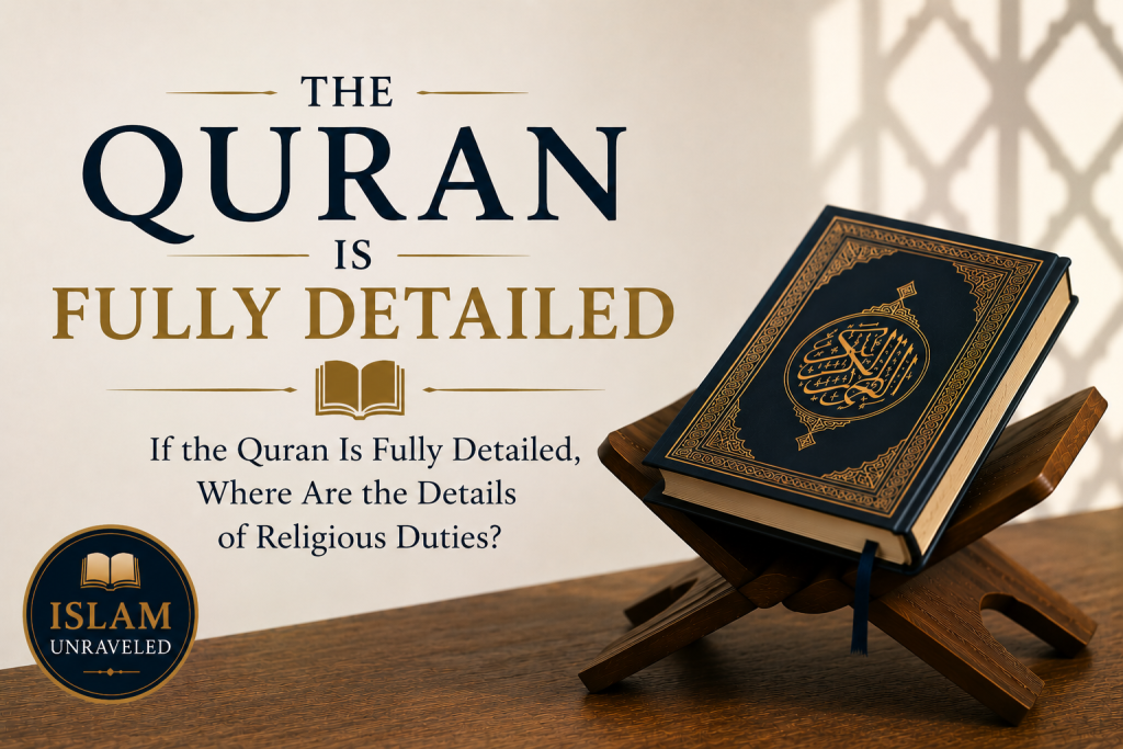 A minimalist illustration featuring an open Quran on a wooden stand beside the title "The Quran Is Fully Detailed" and the question, "If the Quran Is Fully Detailed, Where Are the Details of Religious Duties?"