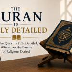 A minimalist illustration featuring an open Quran on a wooden stand beside the title "The Quran Is Fully Detailed" and the question, "If the Quran Is Fully Detailed, Where Are the Details of Religious Duties?"