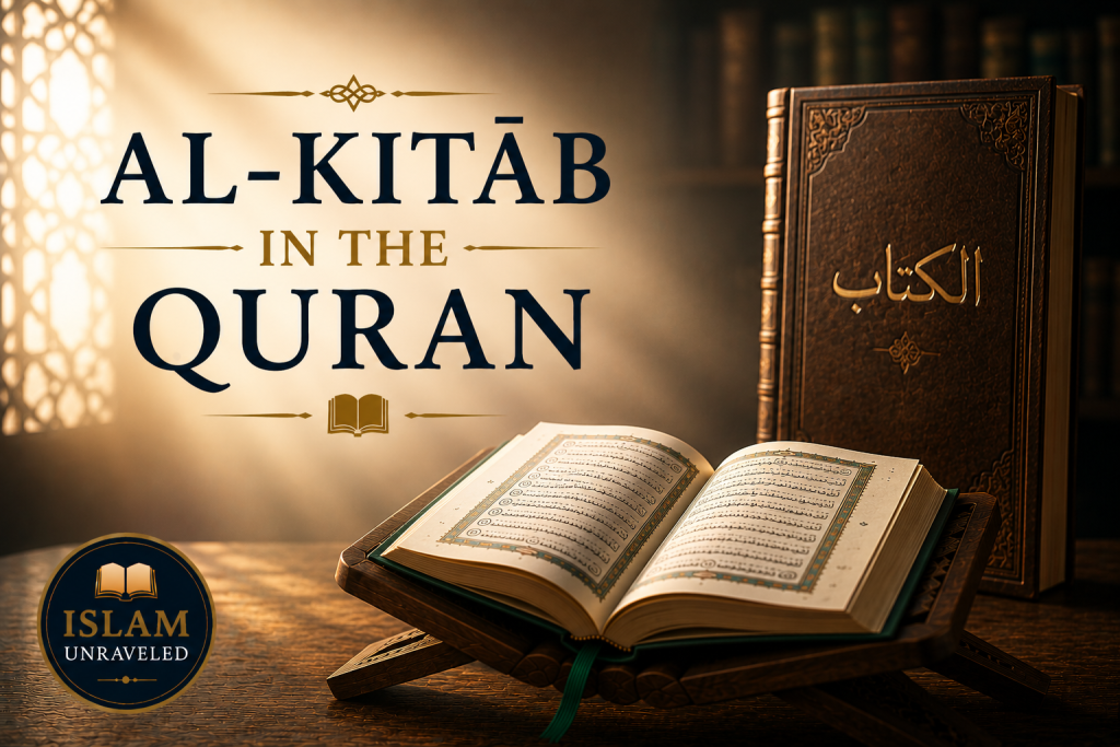 A minimalist illustration showing an open Quran on a wooden stand beside a single elegant volume labeled "Al-Kitāb (The Book)," symbolizing a Quranic study of the meaning and usage of the term al-kitāb within the Quran.