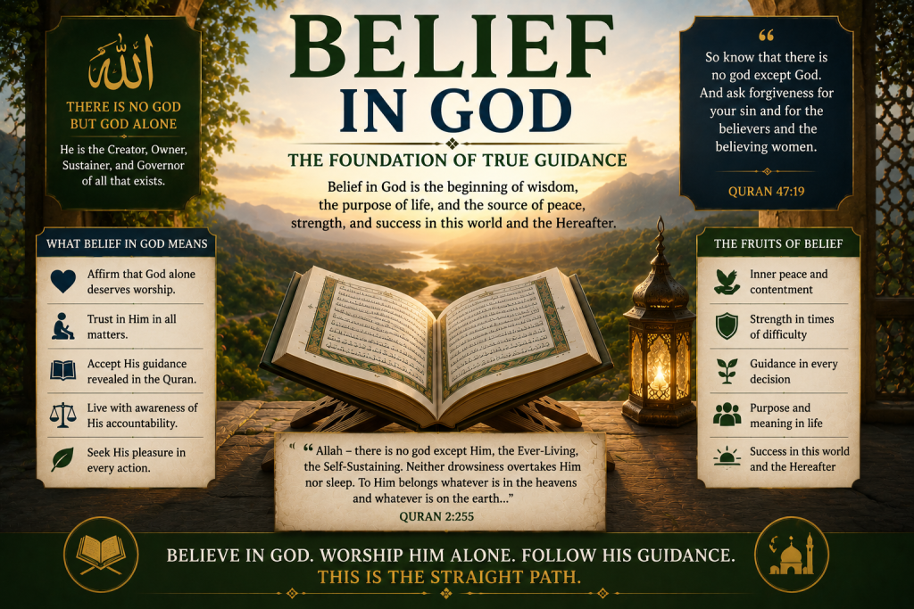 An open Quran in a peaceful landscape symbolizing belief in God as the foundation of faith, guidance, worship, and righteous living according to the Quran.