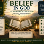 An open Quran in a peaceful landscape symbolizing belief in God as the foundation of faith, guidance, worship, and righteous living according to the Quran.