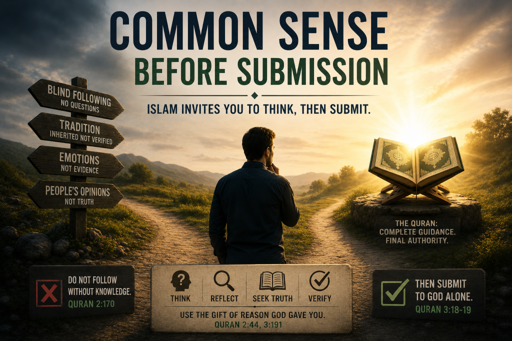 A person standing at a crossroads between blind following and the illuminated Quran, illustrating that the Quran calls believers to use reason, reflect, verify, and then submit to God alone.
