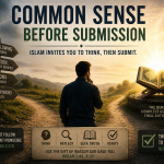 A person standing at a crossroads between blind following and the illuminated Quran, illustrating that the Quran calls believers to use reason, reflect, verify, and then submit to God alone.