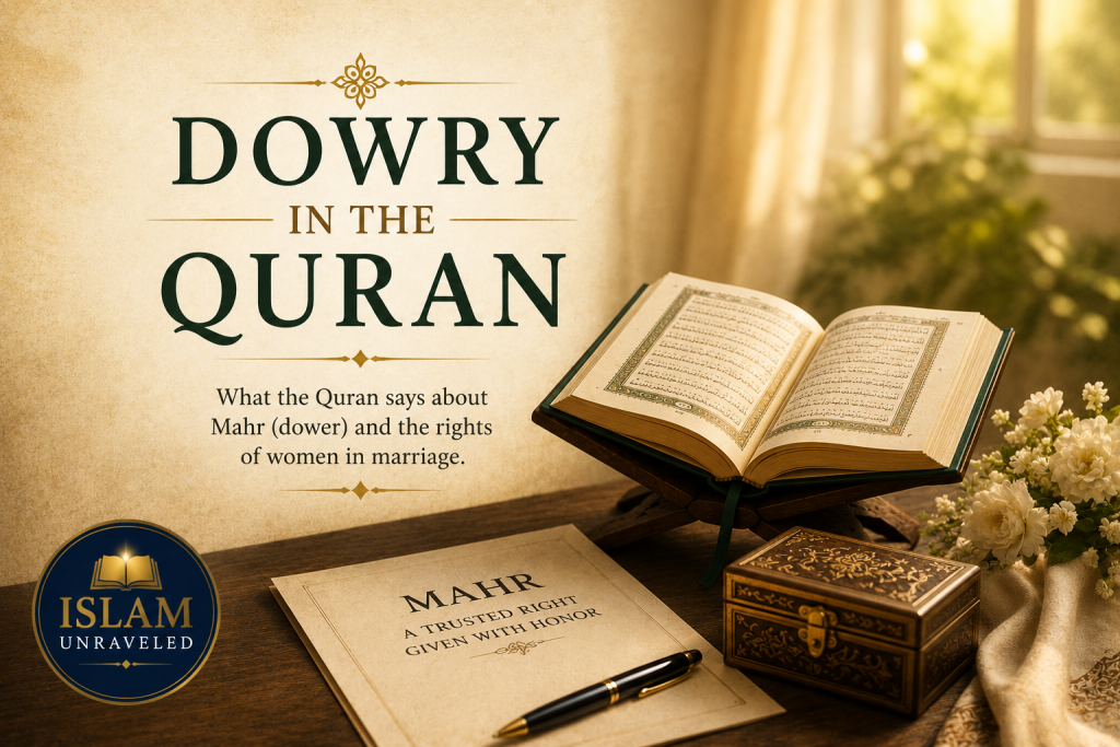 A warm, symbolic illustration of an open Quran on a wooden stand beside a marriage agreement labeled "Mahr," a decorative gift box, and white flowers, representing the Quranic concept of the marriage gift (dowry) as the bride's rightful property.