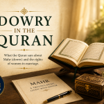 A warm, symbolic illustration of an open Quran on a wooden stand beside a marriage agreement labeled "Mahr," a decorative gift box, and white flowers, representing the Quranic concept of the marriage gift (dowry) as the bride's rightful property.