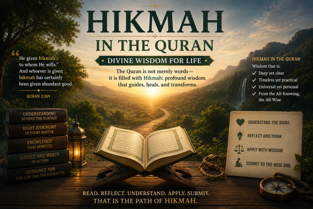 An open Quran overlooking a sunrise valley, symbolizing the divine wisdom (hikmah) found in God's revelation that guides believers to understanding, sound judgment, and righteous living.