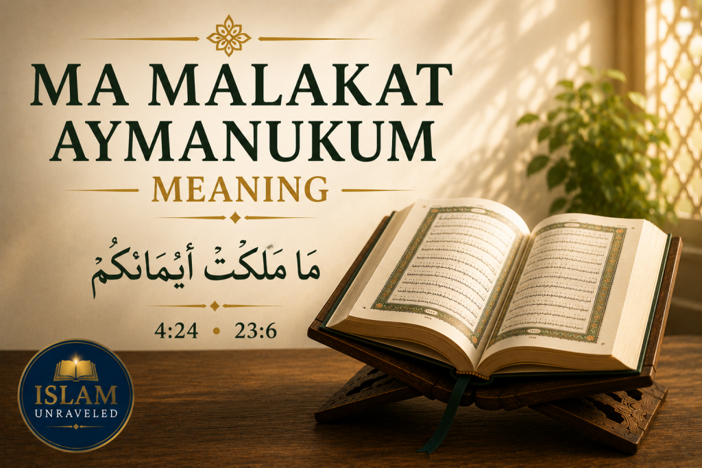 A scholarly illustration featuring an open Quran on a wooden stand, a handwritten Arabic phrase "ما ملكت أيمانكم" displayed on a parchment card, and a traditional inkwell with quill, symbolizing a careful Quranic study of the expression Ma Malakat Aymanukum.