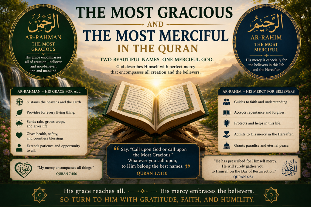 An open Quran between two panels illustrating God's names Ar-Rahman (The Most Gracious) and Ar-Rahim (The Most Merciful), highlighting the distinction and harmony between His universal grace and His special mercy for the believers.