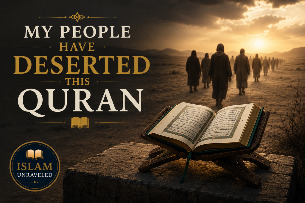 A minimalist illustration showing an open Quran on a wooden stand in the foreground while people walk away toward the horizon, symbolizing the Quranic warning that God's revelation can be neglected even by those who claim to follow it.