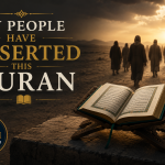 A minimalist illustration showing an open Quran on a wooden stand in the foreground while people walk away toward the horizon, symbolizing the Quranic warning that God's revelation can be neglected even by those who claim to follow it.