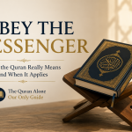 An open Quran resting on a traditional wooden stand beneath the title "Obey the Messenger," symbolizing a Quran-centered study of what obedience to God's messenger means and when it applies.