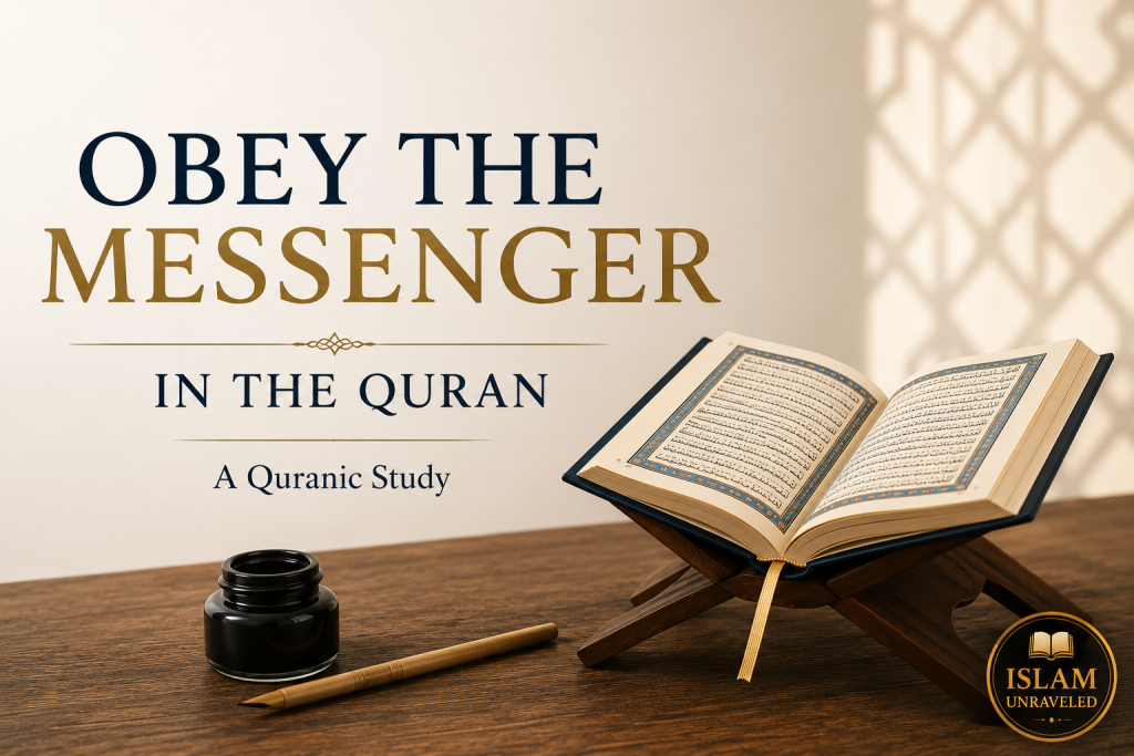 An open Quran resting on a traditional wooden stand beside an ink pot and reed pen, symbolizing a Quran-centered study of every command to obey the messenger within its original context.