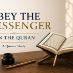 An open Quran resting on a traditional wooden stand beside an ink pot and reed pen, symbolizing a Quran-centered study of every command to obey the messenger within its original context.