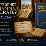 An open Quran beside writing tools and the 1989 edition of Quran: The Final Testament, symbolizing a Quran-based examination of whether Prophet Muhammad could read and write.
