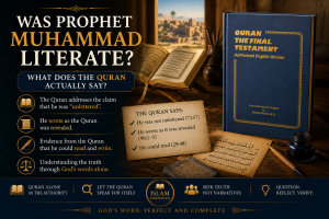 An open Quran beside writing tools and the 1989 edition of Quran: The Final Testament, symbolizing a Quran-based examination of whether Prophet Muhammad could read and write.