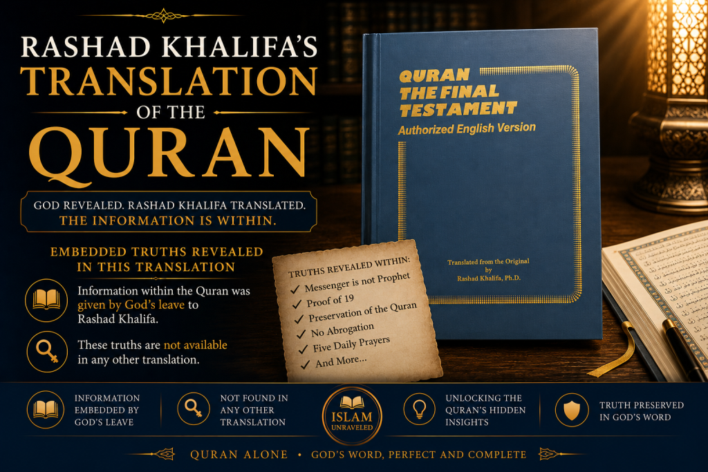 Rashad Khalifa's 1989 English translation, Quran: The Final Testament, displayed beside an open Quran, illustrating the unique Quranic insights and embedded information presented within the translation.