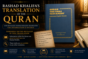 Rashad Khalifa's 1989 English translation, Quran: The Final Testament, displayed beside an open Quran, illustrating the unique Quranic insights and embedded information presented within the translation.