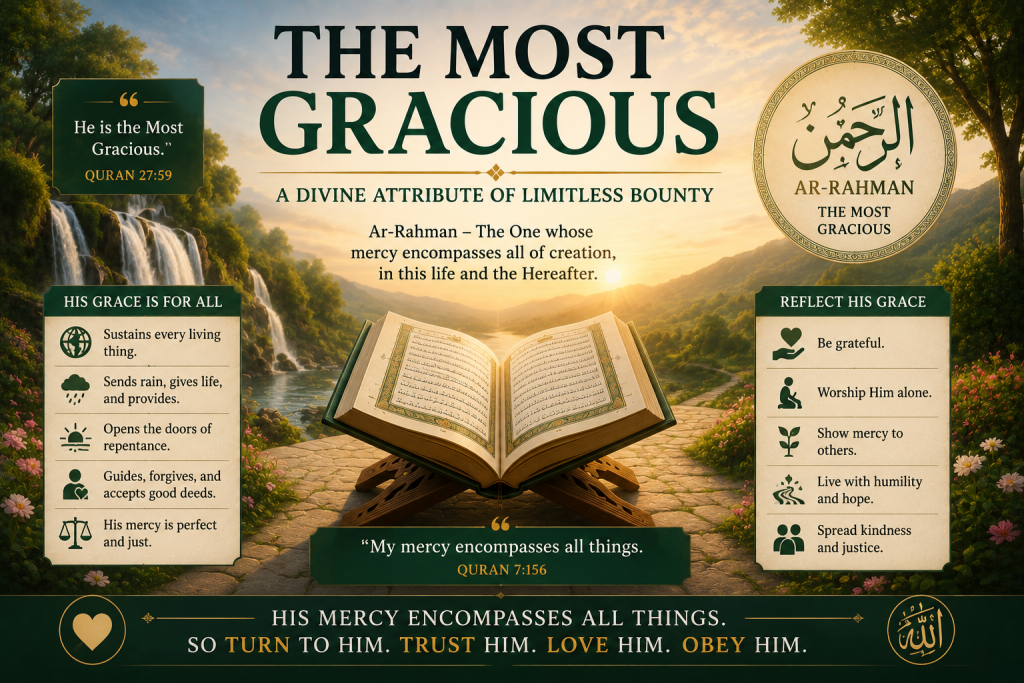 An open Quran in a peaceful landscape symbolizing God as the Most Gracious (Ar-Rahman), whose mercy, provision, guidance, and compassion encompass all creation.