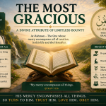 An open Quran in a peaceful landscape symbolizing God as the Most Gracious (Ar-Rahman), whose mercy, provision, guidance, and compassion encompass all creation.