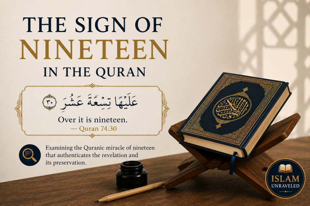 A minimalist illustration featuring an open Quran on a wooden stand with Quran 74:30 in Arabic and Rashad Khalifa's translation, "Over it is nineteen," introducing a Quranic study of the mathematical sign of nineteen.
