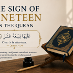 A minimalist illustration featuring an open Quran on a wooden stand with Quran 74:30 in Arabic and Rashad Khalifa's translation, "Over it is nineteen," introducing a Quranic study of the mathematical sign of nineteen.