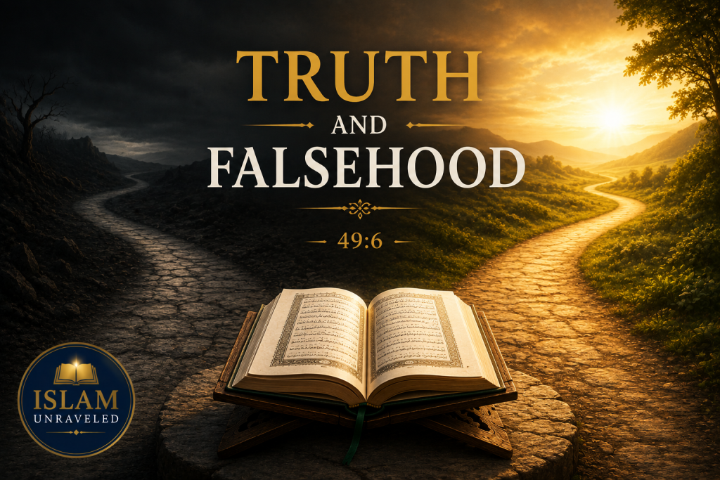 A symbolic illustration contrasting darkness and light, with an open Quran at the center. One side depicts falsehood through shadowed paths, while the other shows a sunlit path representing truth, guidance, verification, and justice, inspired by Quran 49:6.