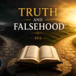 A symbolic illustration contrasting darkness and light, with an open Quran at the center. One side depicts falsehood through shadowed paths, while the other shows a sunlit path representing truth, guidance, verification, and justice, inspired by Quran 49:6.