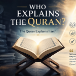 An open Quran illuminated by light, contrasting with stacks of commentaries, symbolizing that God explains the Quran through the Quran for sincere seekers.
