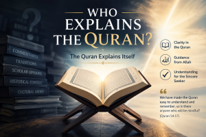 An open Quran illuminated by light, contrasting with stacks of commentaries, symbolizing that God explains the Quran through the Quran for sincere seekers.