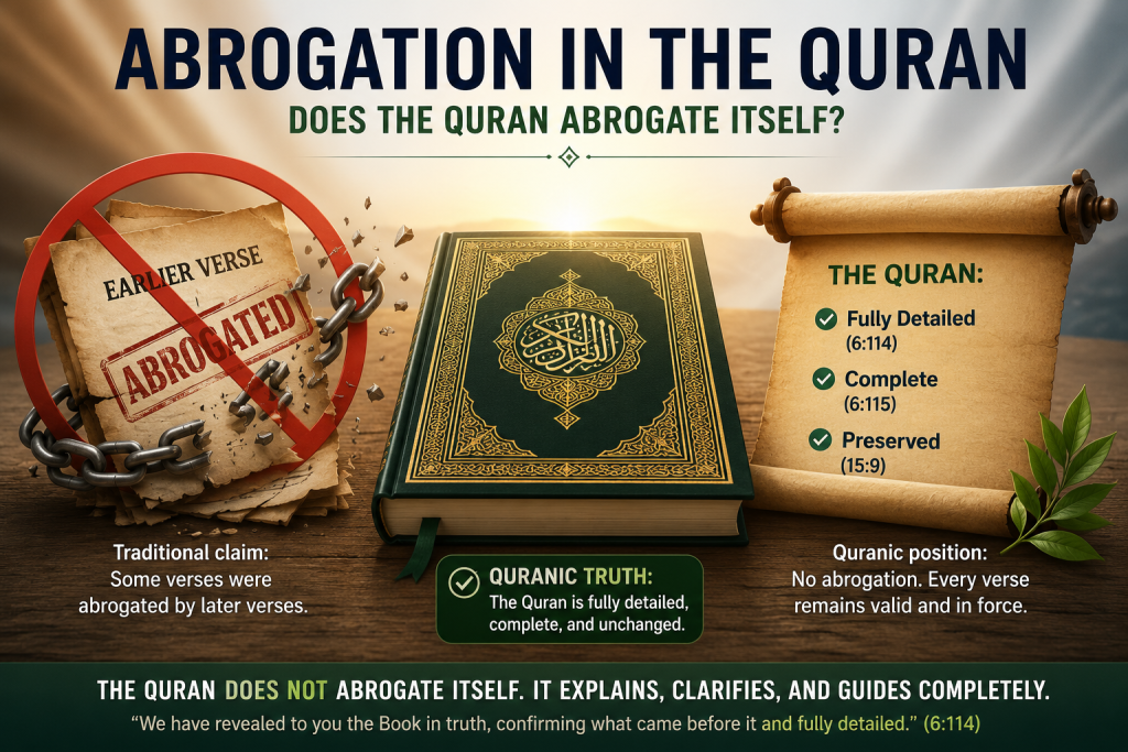 Illustration comparing the traditional doctrine of Quranic abrogation with the Quran's description of itself as fully detailed, complete, preserved, and unchanged.