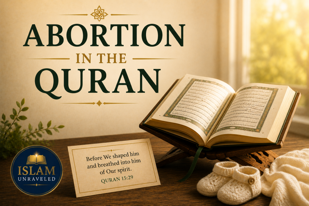 A symbolic illustration of an open Quran on a wooden stand beside a pair of knitted baby shoes and a softly folded infant blanket, illuminated by warm morning light. A small card displays Quran 15:29, emphasizing the sacredness of human life and God's creation.