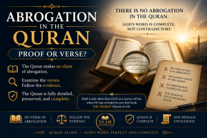 An open Quran illuminated by golden light beside a magnifying glass and a checklist questioning abrogation, symbolizing an examination of whether the Quran itself teaches the doctrine of abrogation.