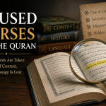 Open Quran with a magnifying glass illustrating the importance of understanding Quranic verses in their proper context rather than through selective interpretation.